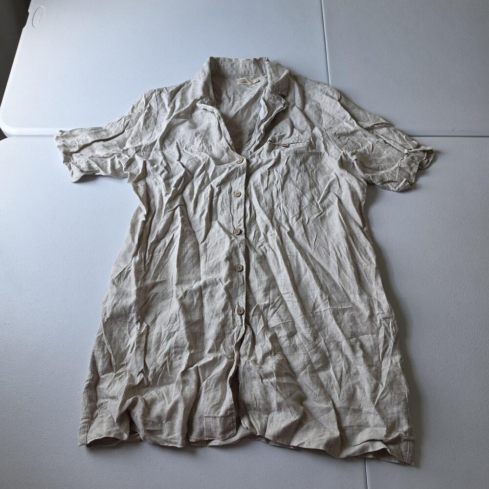 Faherty Shirt Dress Womens L Beige 100% Linen Button Front Short Sleeve Casual